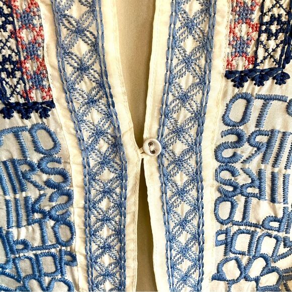 Johnny Was Utopia Kimono 100% Silk Floral Letter Embroidered Cream Blue Size XL - Picture 8 of 16